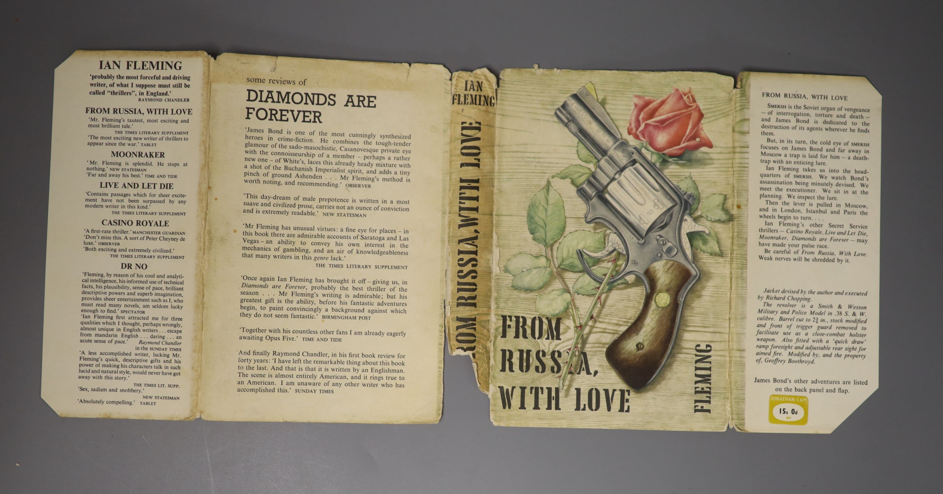 Fleming, Ian - On Her Majesty’s Secret Service, 1st edition, with unclipped d/j designed by Richard Chopping, original dark brown cloth with ski motif to front board, London, 1963; and From Russia With Love, 4th impressi